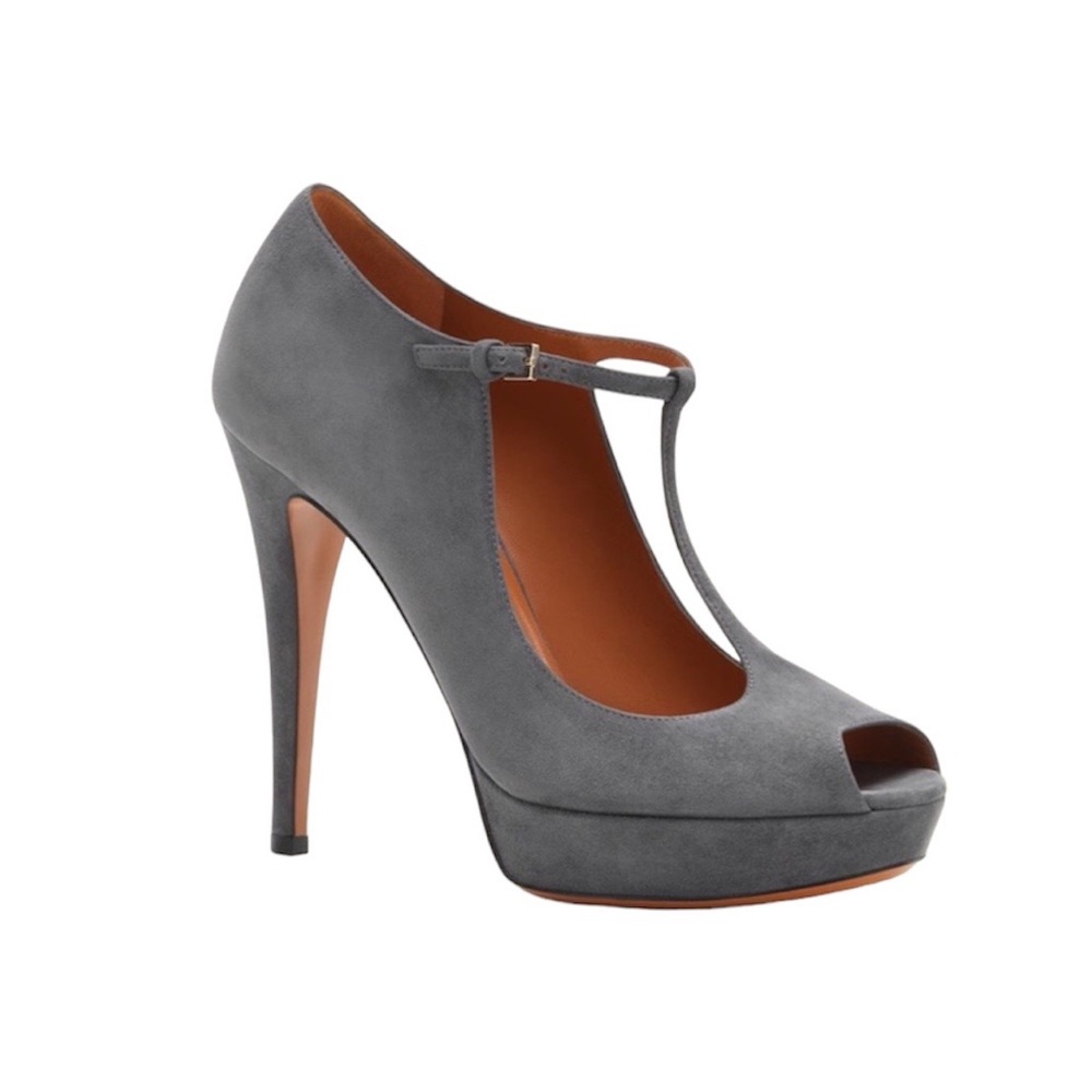 Gucci Betty Peep Toe T Strap High Heel Suede Platform Pumps Gray Sze IT 38.5 NIB - Picture 1 of 16